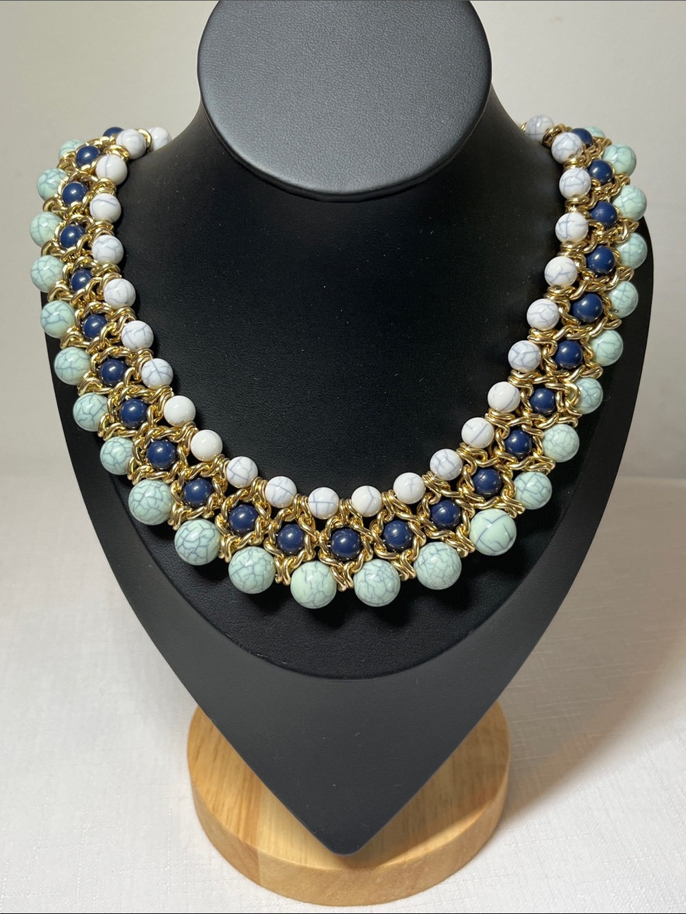 Statement Beaded Collar Necklace in Mint, Navy & White with Gold Chain